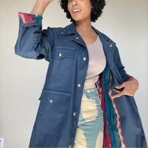 Vintage Denim Multi Pocket Trench W/ Aztec Lining